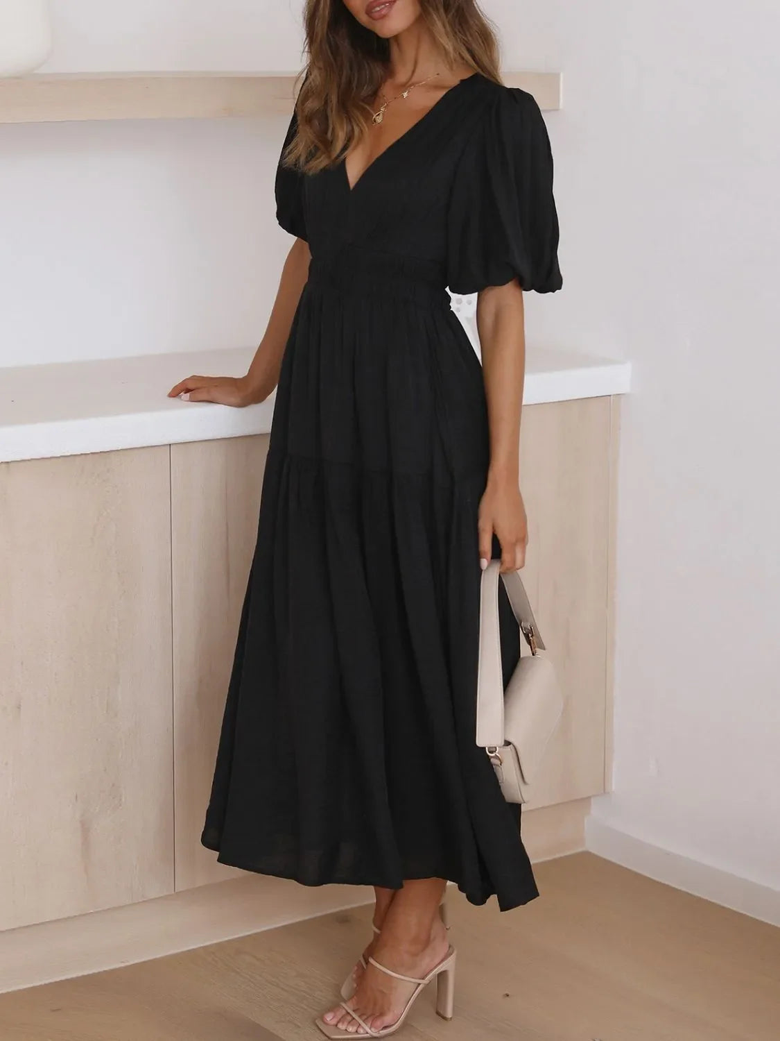 V-Neck Puff Sleeve Midi Dress