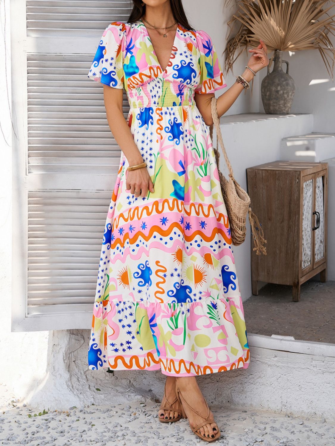 Devine Smocked Printed V-Neck Short Sleeve Maxi Dress