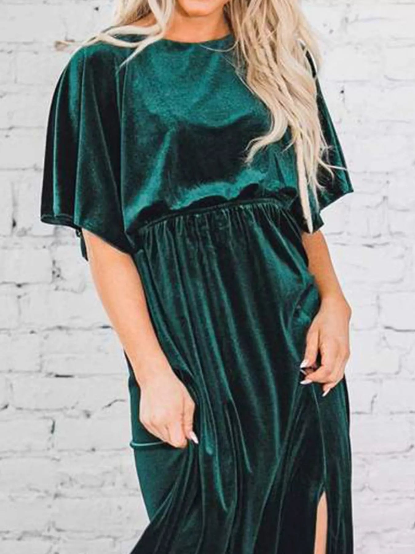 Slit Round Neck Flutter Sleeve Velvet Maxi Dress