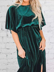 Slit Round Neck Flutter Sleeve Velvet Maxi Dress