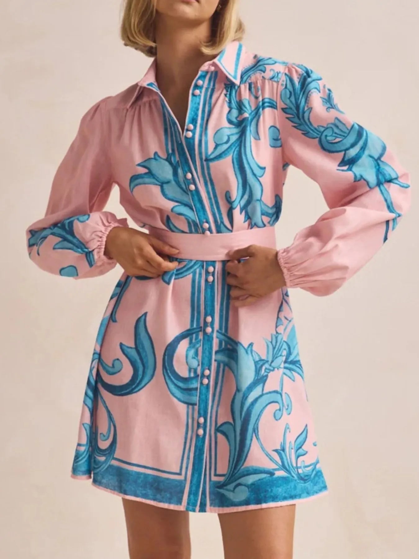 Printed Long Sleeve Shirt Dress