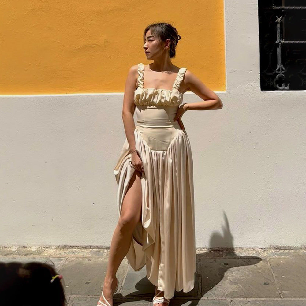 Riola Egg White Satin Drop Waist Maxi Sundress