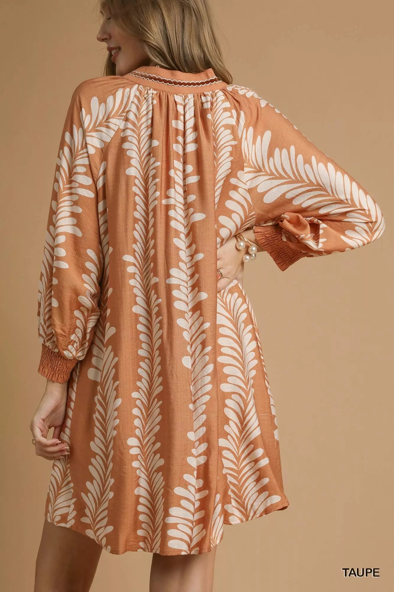 Umgee Leaf Print Notched Mini Babydoll Dress