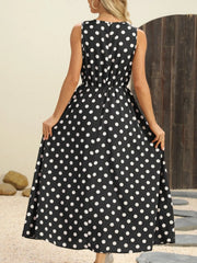 Polka Dot Round Neck Sleeveless Midi Dress