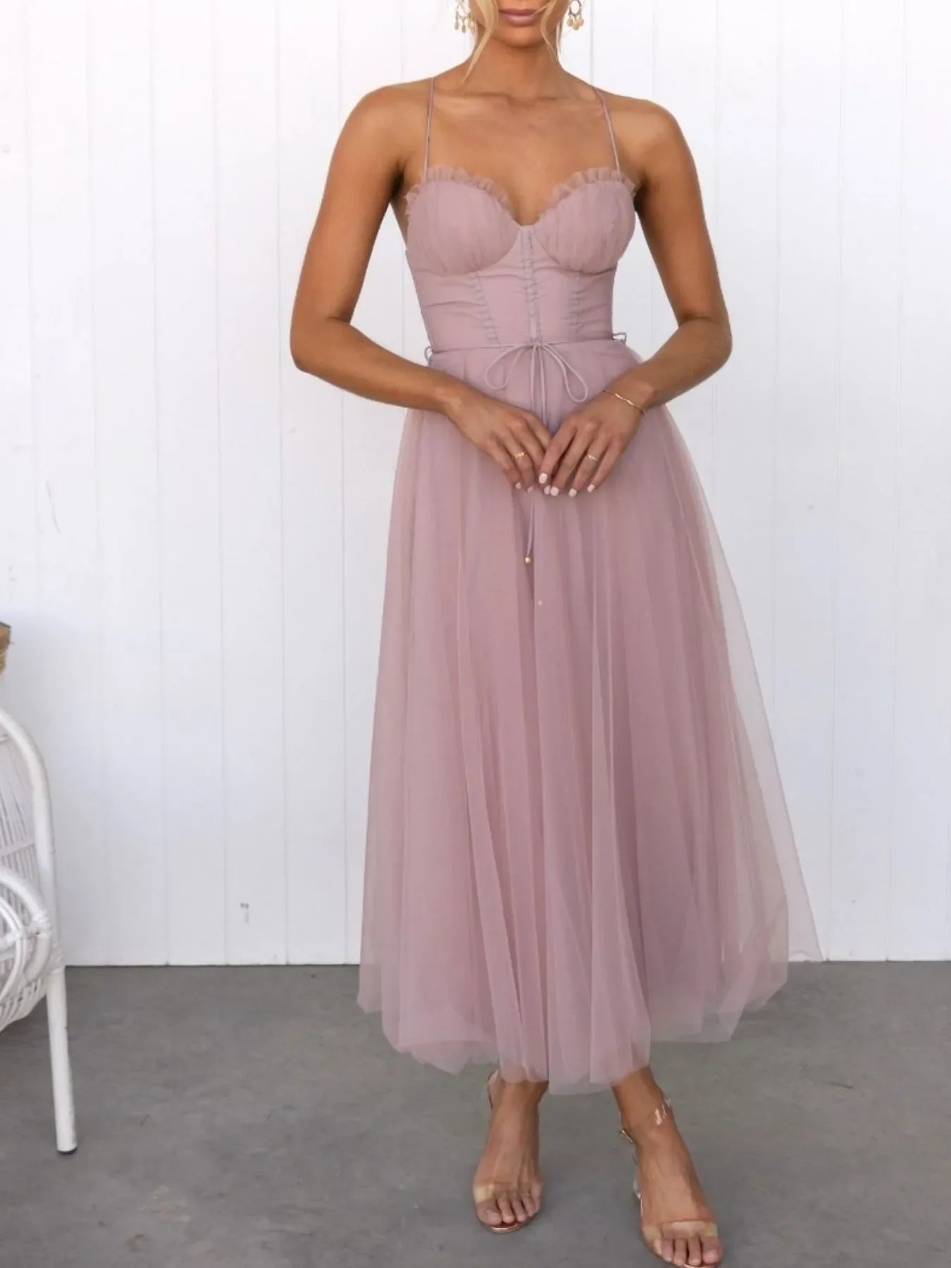 Sweetheart Neck Tulle Midi Dress