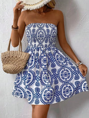 Smocked Printed Tube Mini Dress