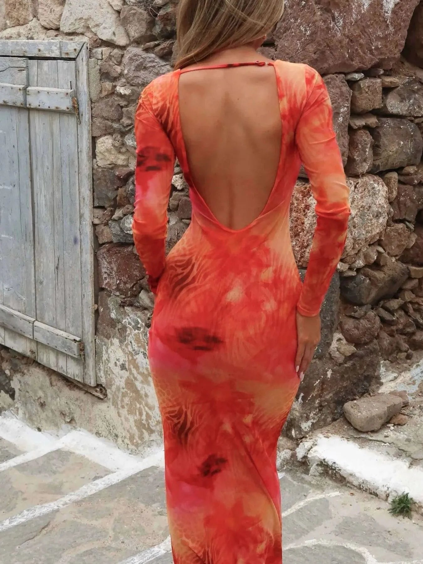 Tie-Dye Long Sleeve Maxi Bodycon Dress