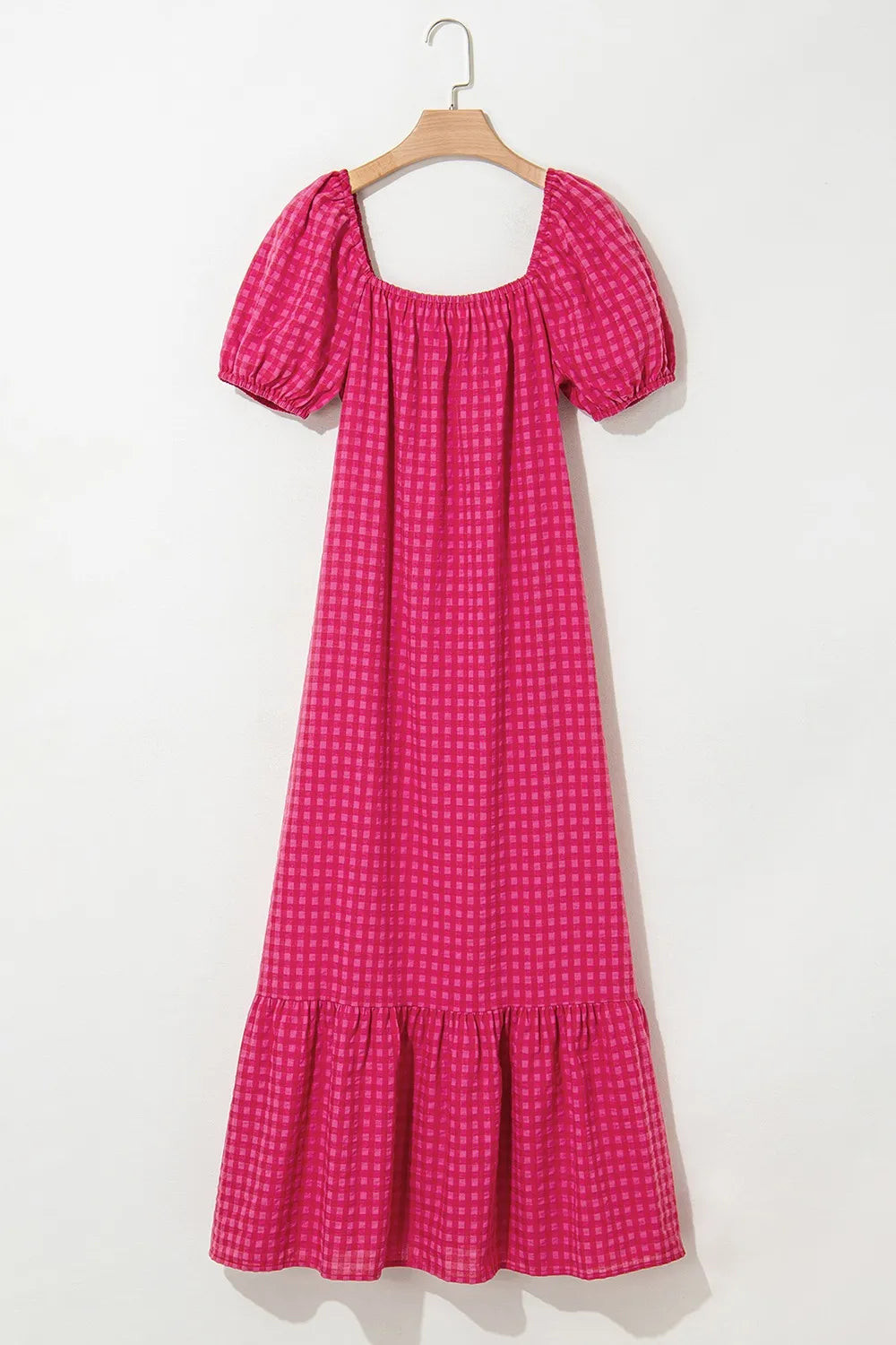 SYNZ Gingham Check Bubble Sleeve Ruffled Maxi Dress