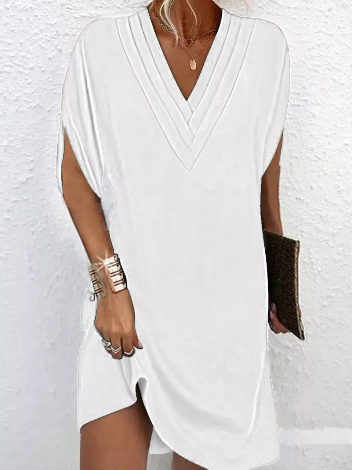 Full Size V-Neck Slit Sleeve Mini Dress Plus Size