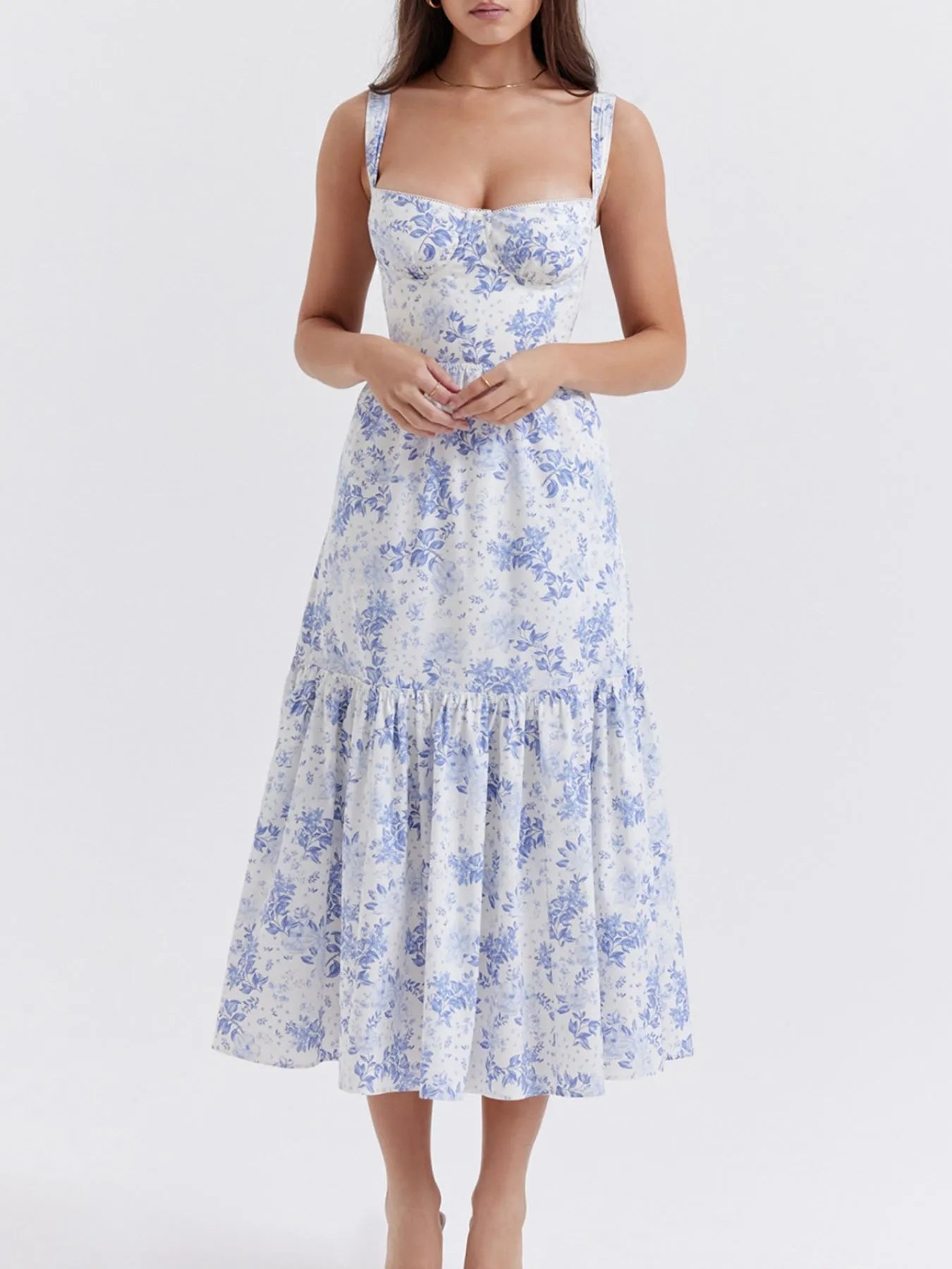Floral Print Sweetheart Neck Midi Dress