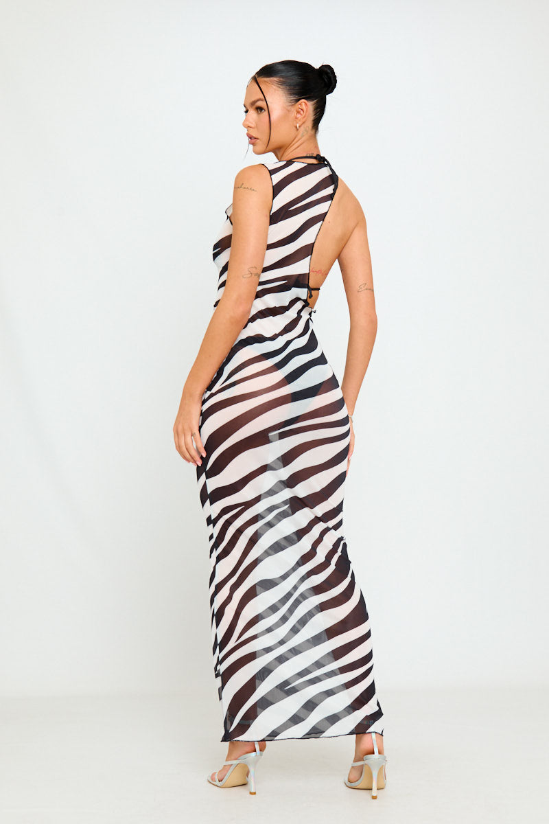Black Sheer Mesh Zebra Maxi Cutout Dress