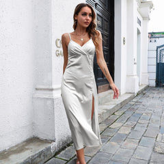 Vena Satin V-neck Backless Midi Dress