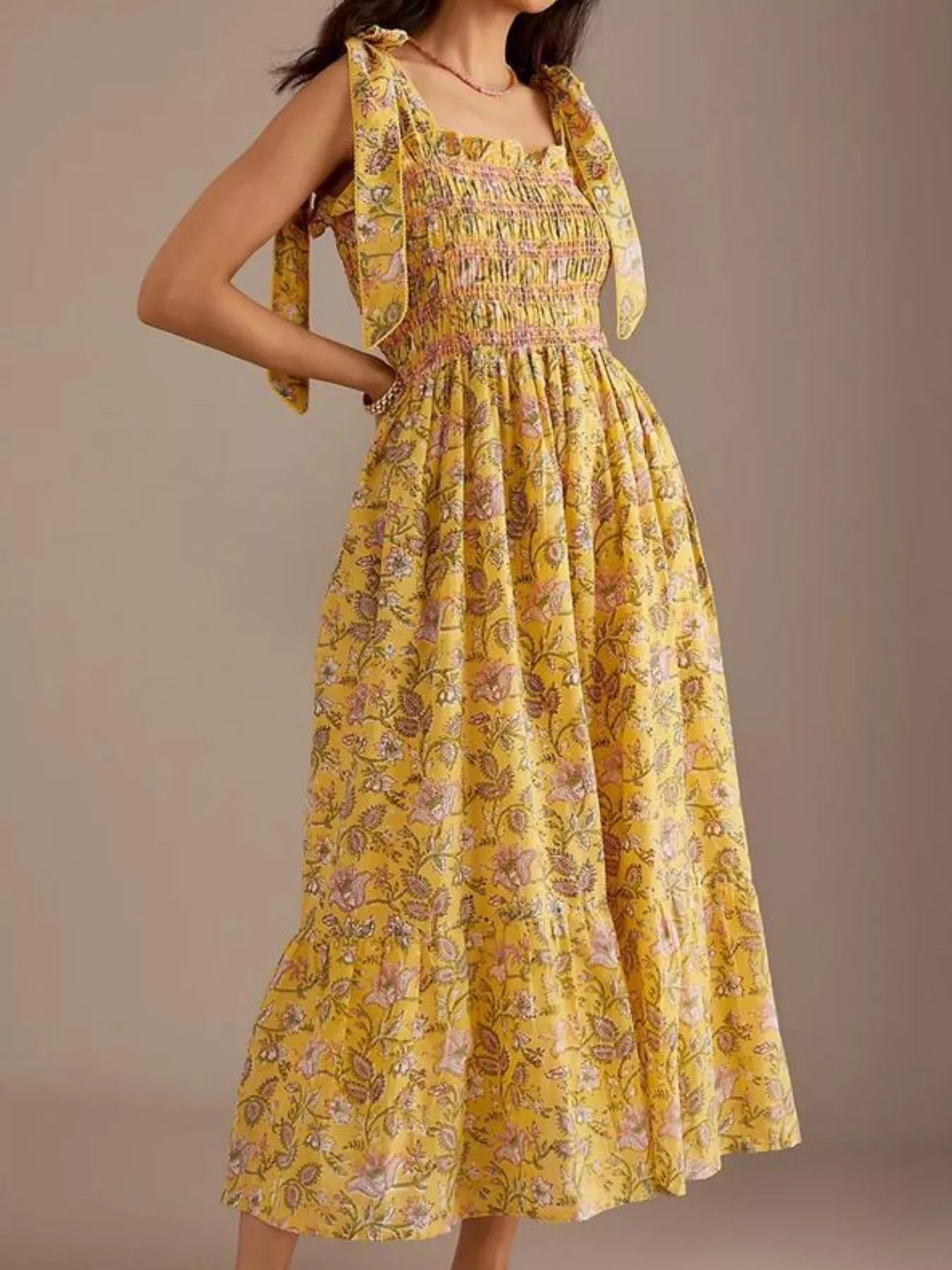 Floral Smocked Tie-Shoulder Midi Dress