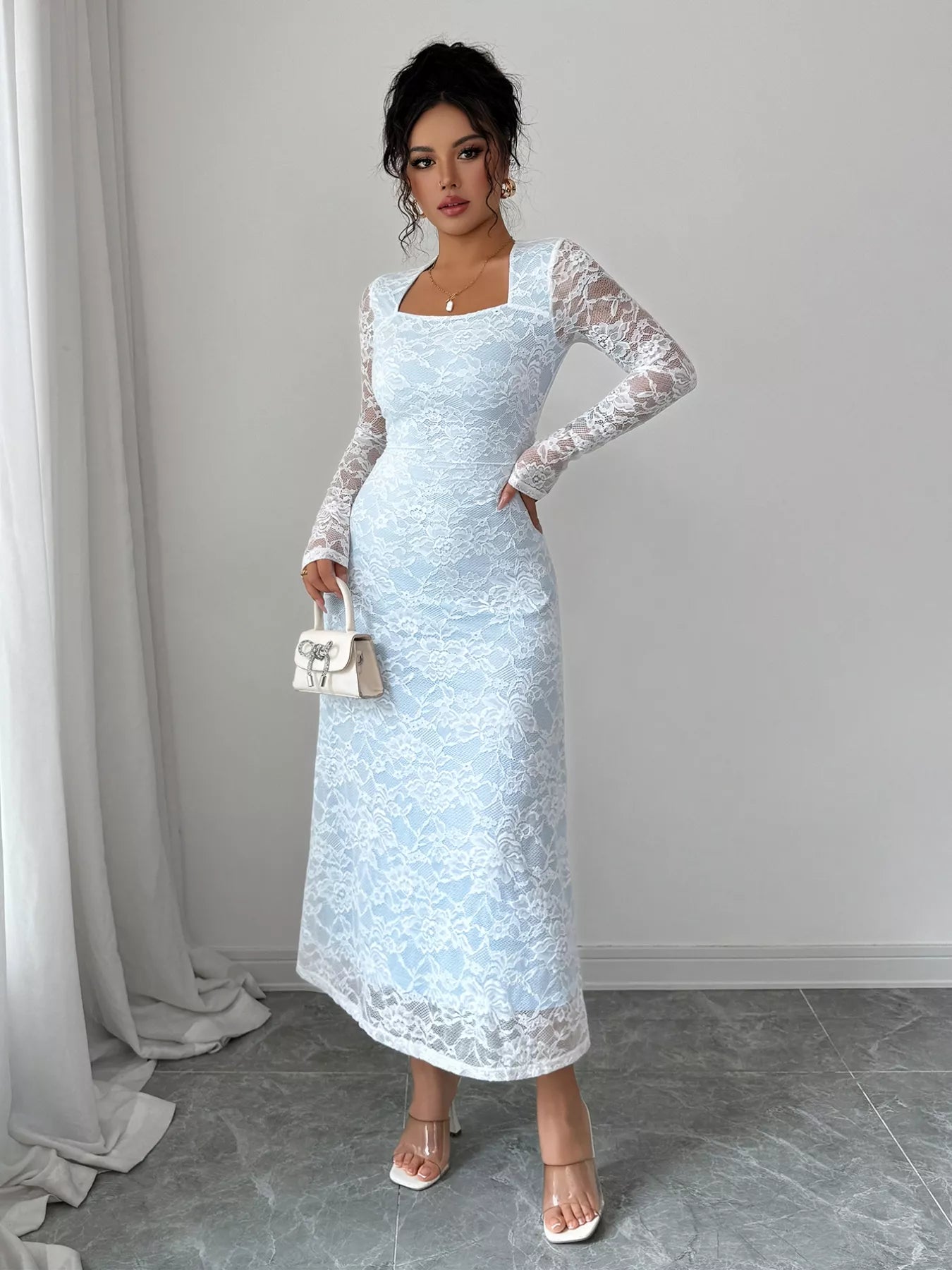 Lace Long Sleeve Square Neck Maxi Dress