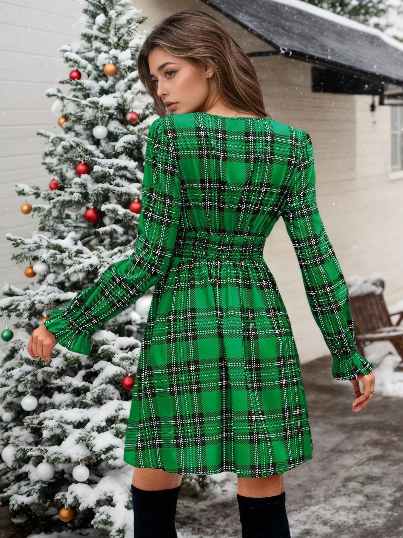 Plaid V-Neck Tie Front Mini Dress