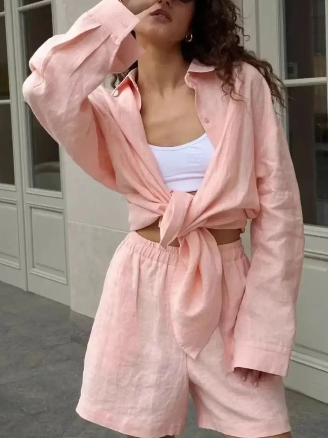 Button Up Long Sleeve Shirt and Shorts Set