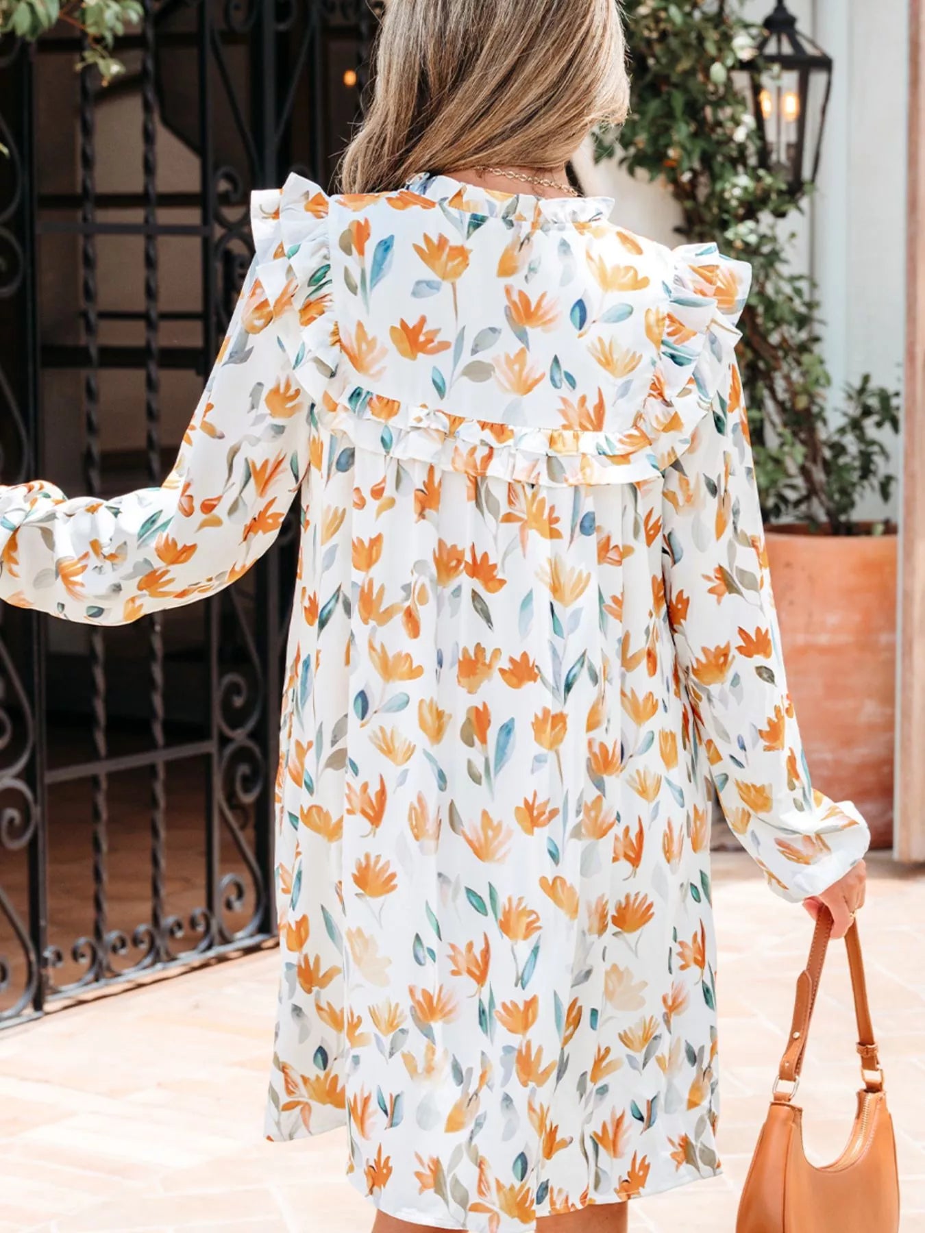 Floral Print Tie Neck Frilled Detail Long Sleeve Mini Dress