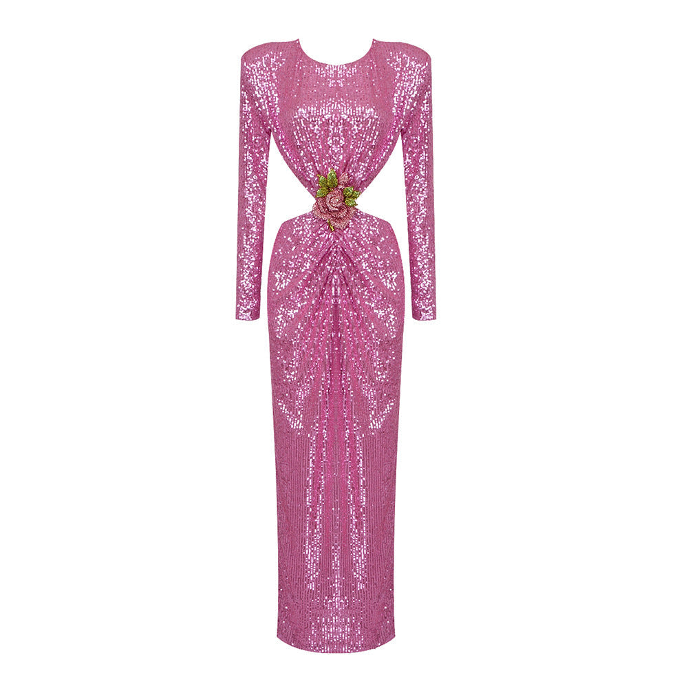 Lesya Round Neck Flower Waist Button Sequin Dress-Red