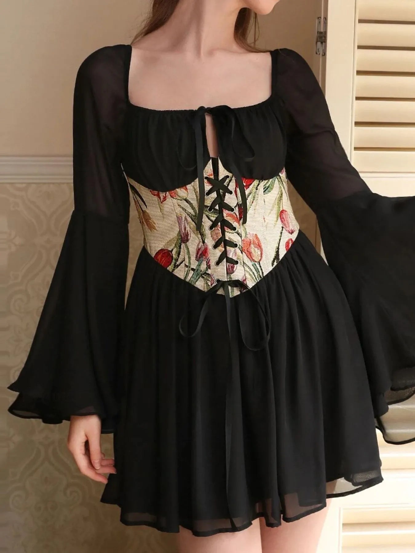 Floral Lace Up Long Sleeve Mini Dress