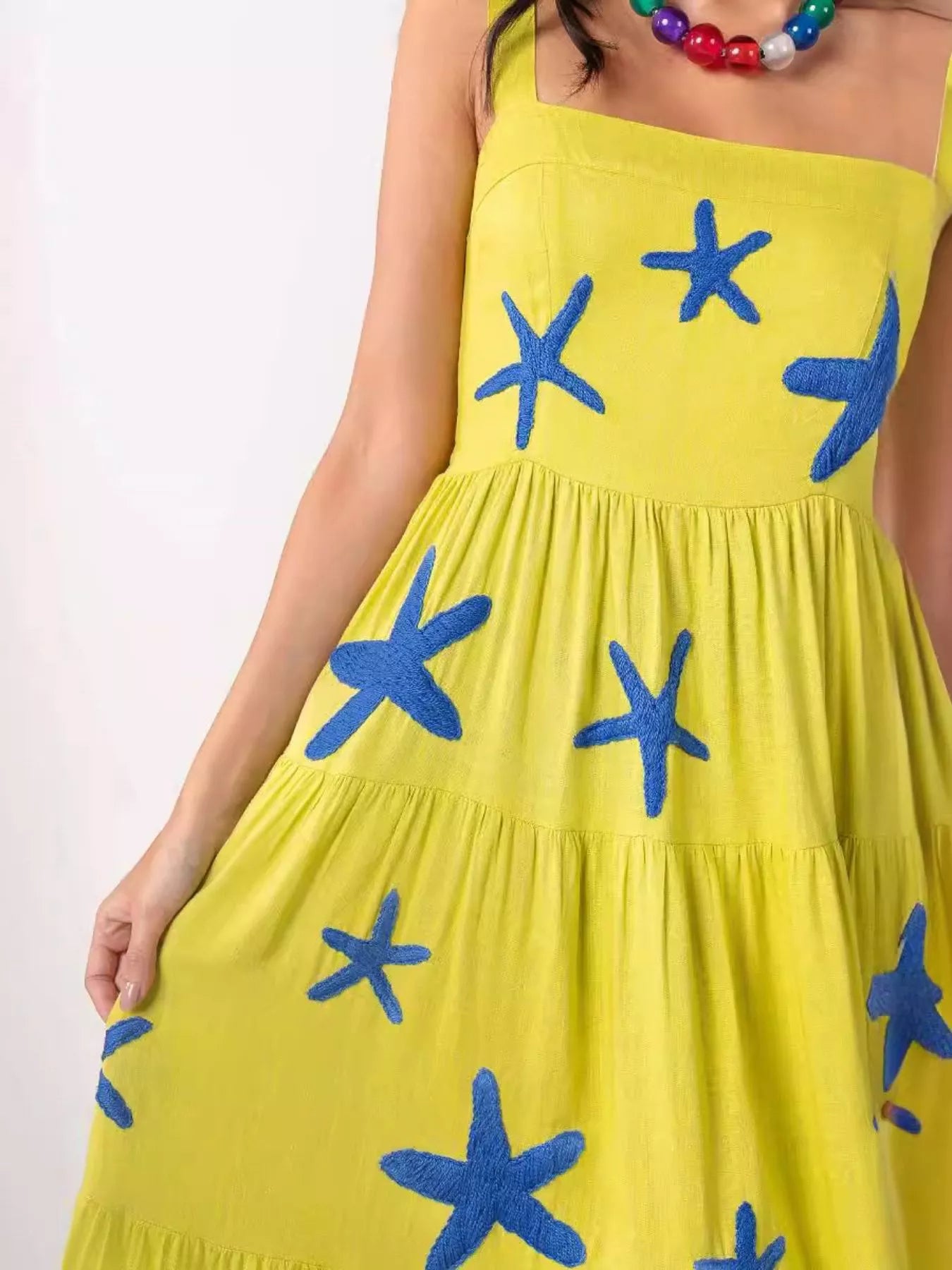 Embroidered Square Neck Tiered Maxi Cami Dress