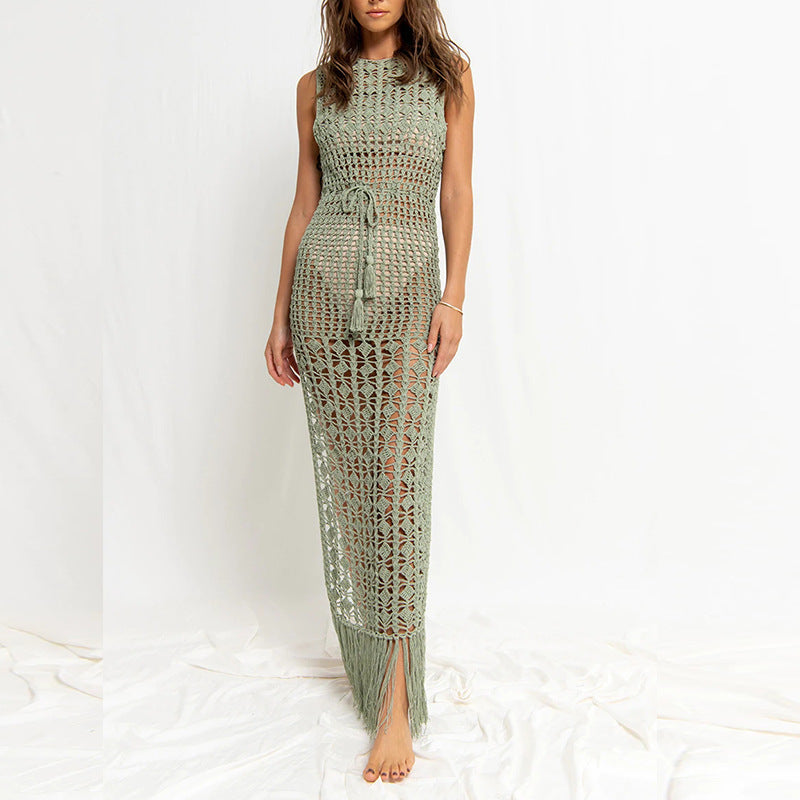 Lace-up Fringed Swimsuit Jacket Beach Long dress