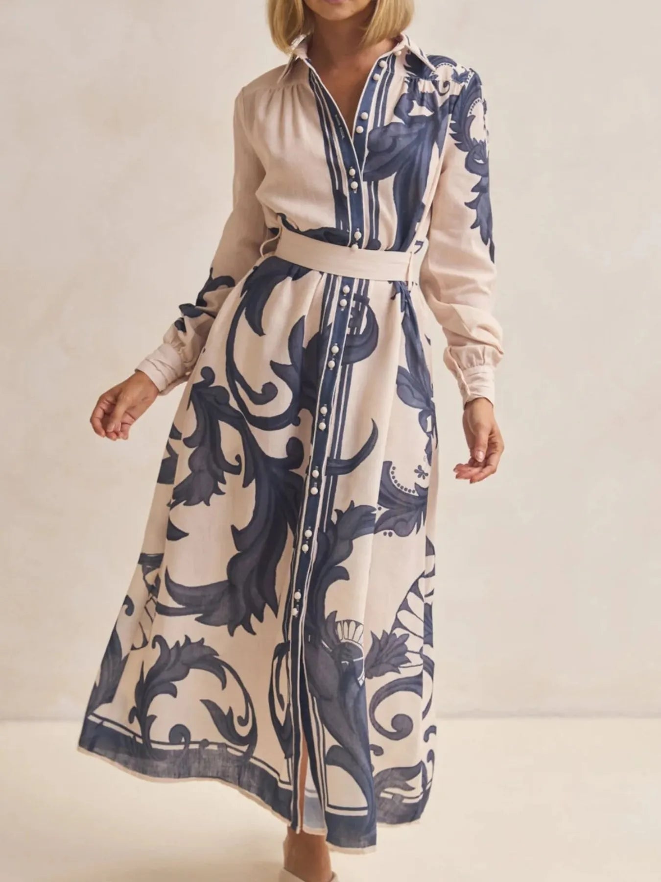 Printed Button Down Belted Shirt Dress