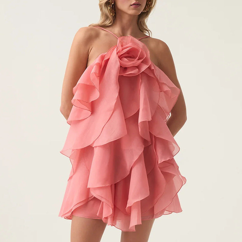 Halter flower lace-up sleeveless mini dress