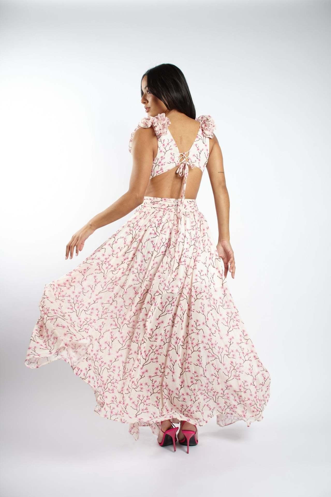 Deep V Ruffled Floral Backless Dress