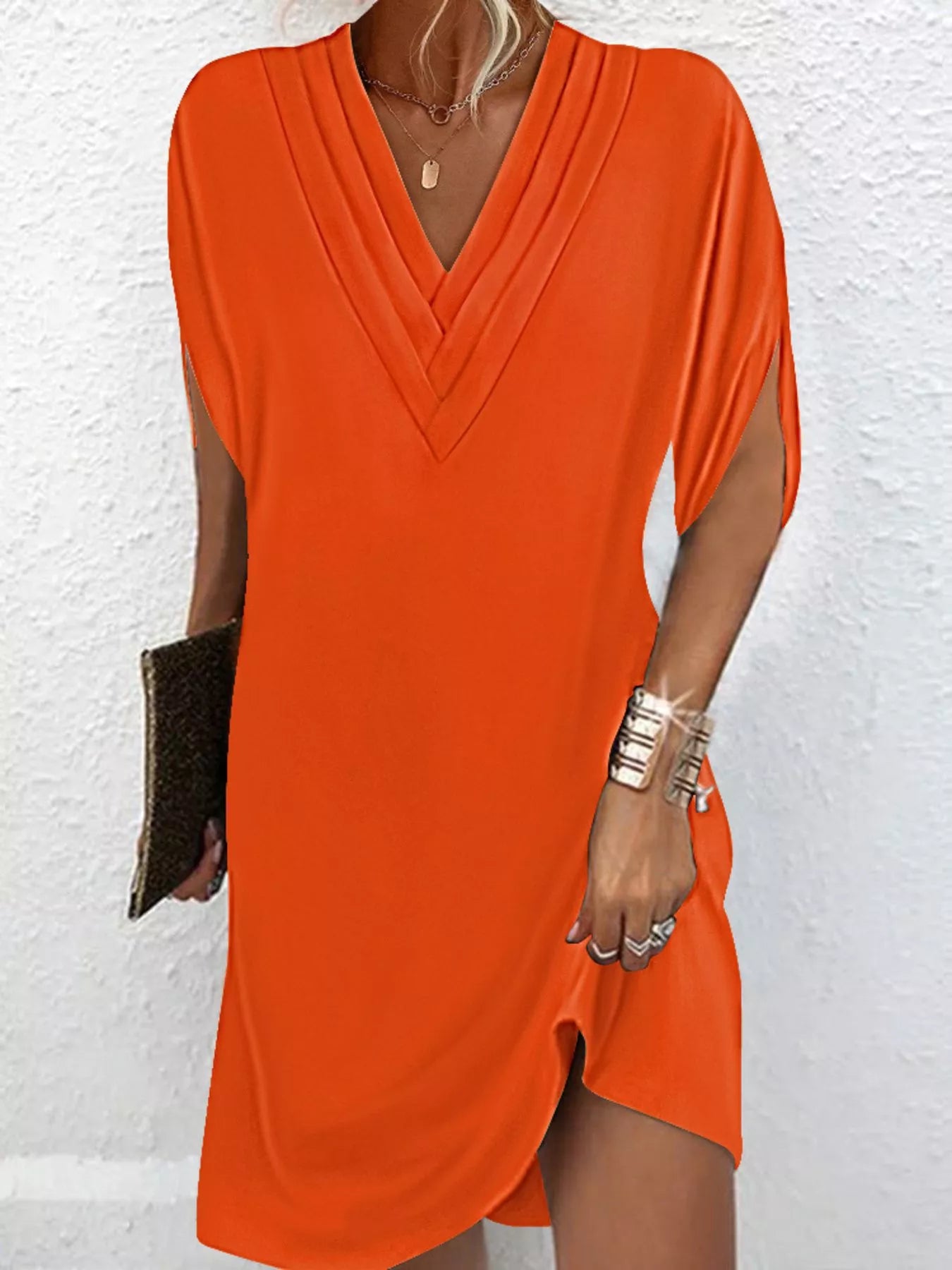 Full Size V-Neck Slit Sleeve Mini Dress Plus Size
