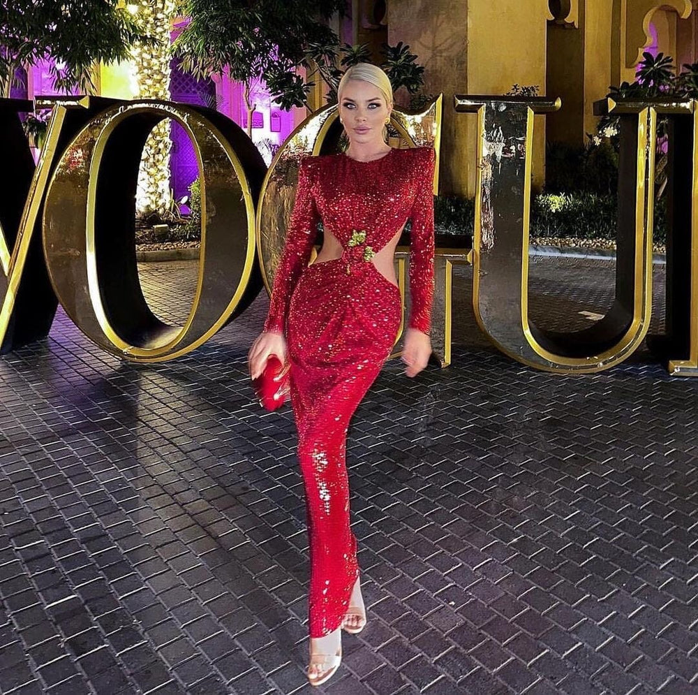 Lesya Round Neck Flower Waist Button Sequin Dress-Red