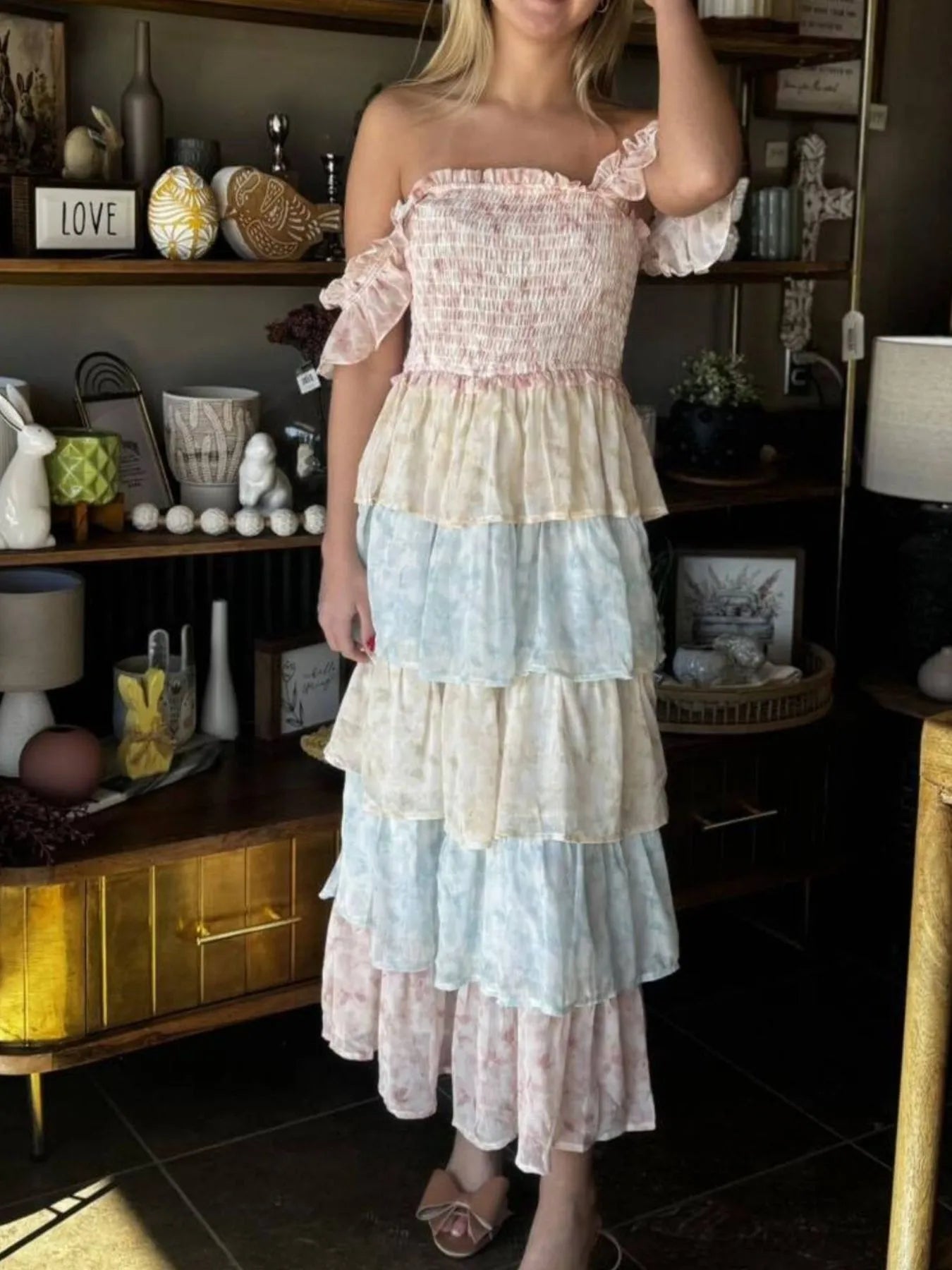 Smocked Ruffle Layered Floral Midi Dress