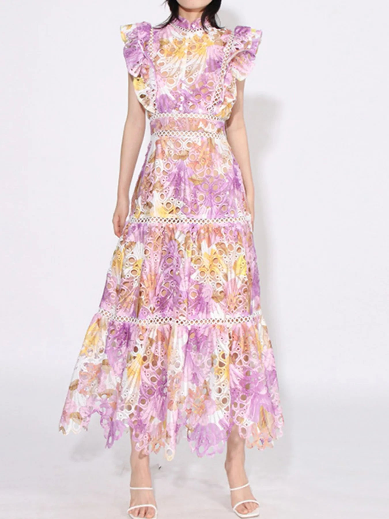 Ruffled Hollow Out Tiered Midi Dress