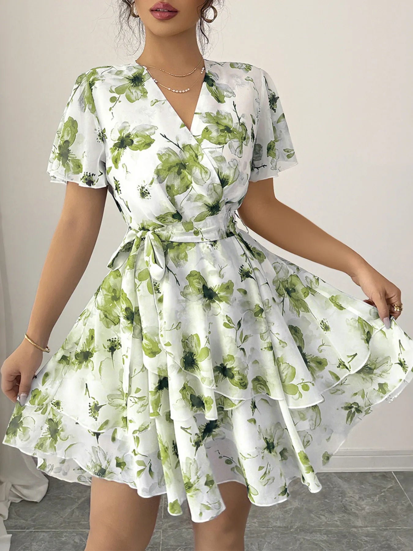 Printed Surplice Layered Mini Dress