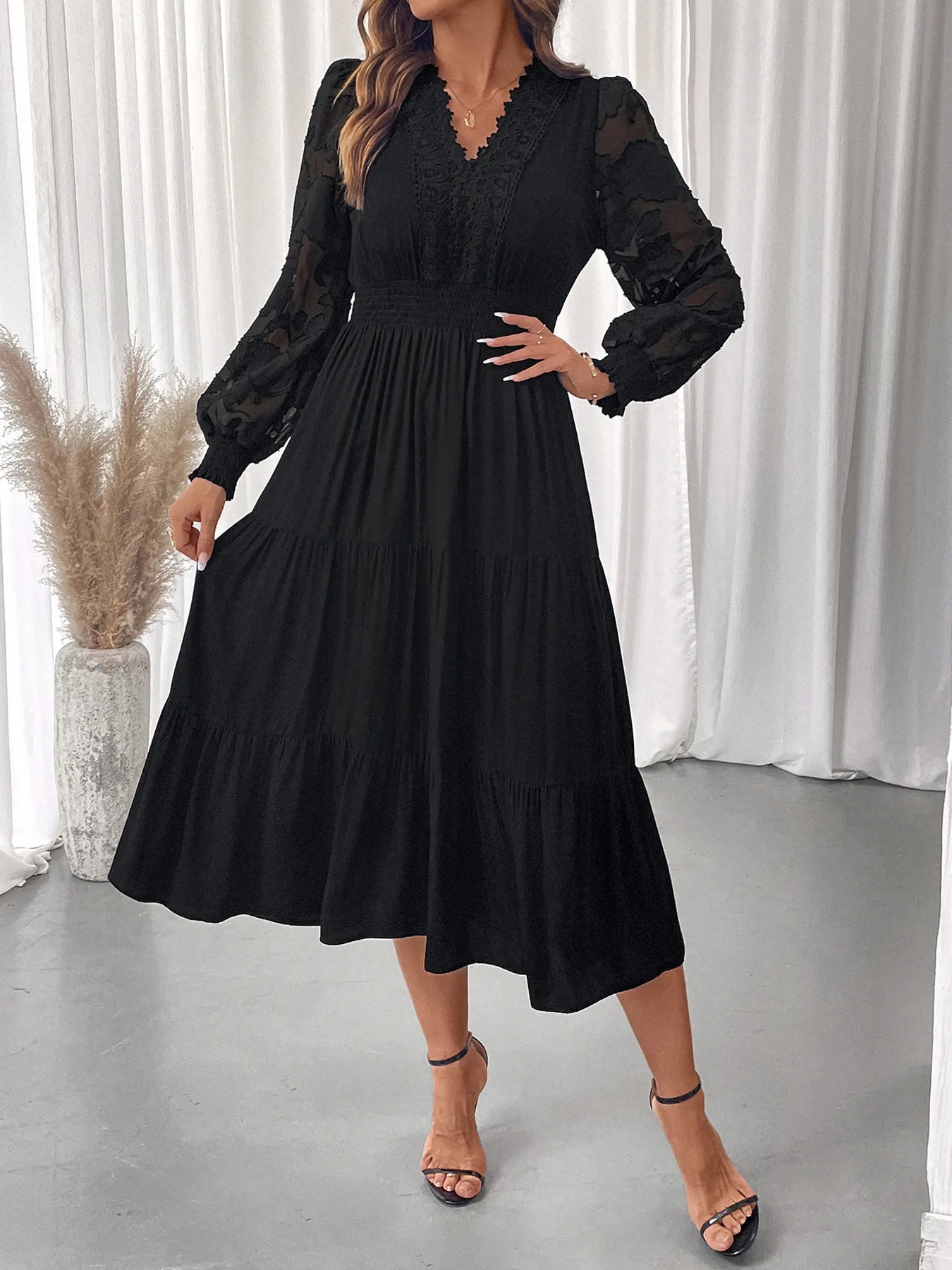 Lace Detail Lantern Sleeve Tiered Dress