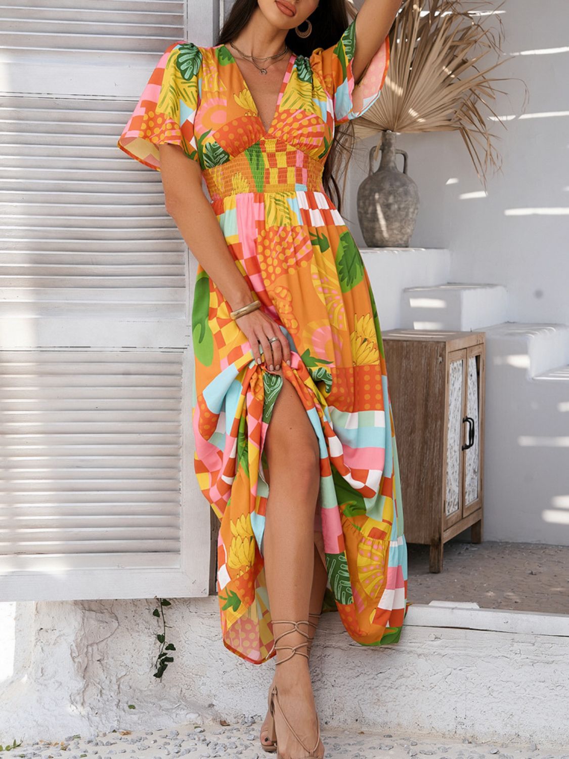 Devine Smocked Printed V-Neck Short Sleeve Maxi Dress
