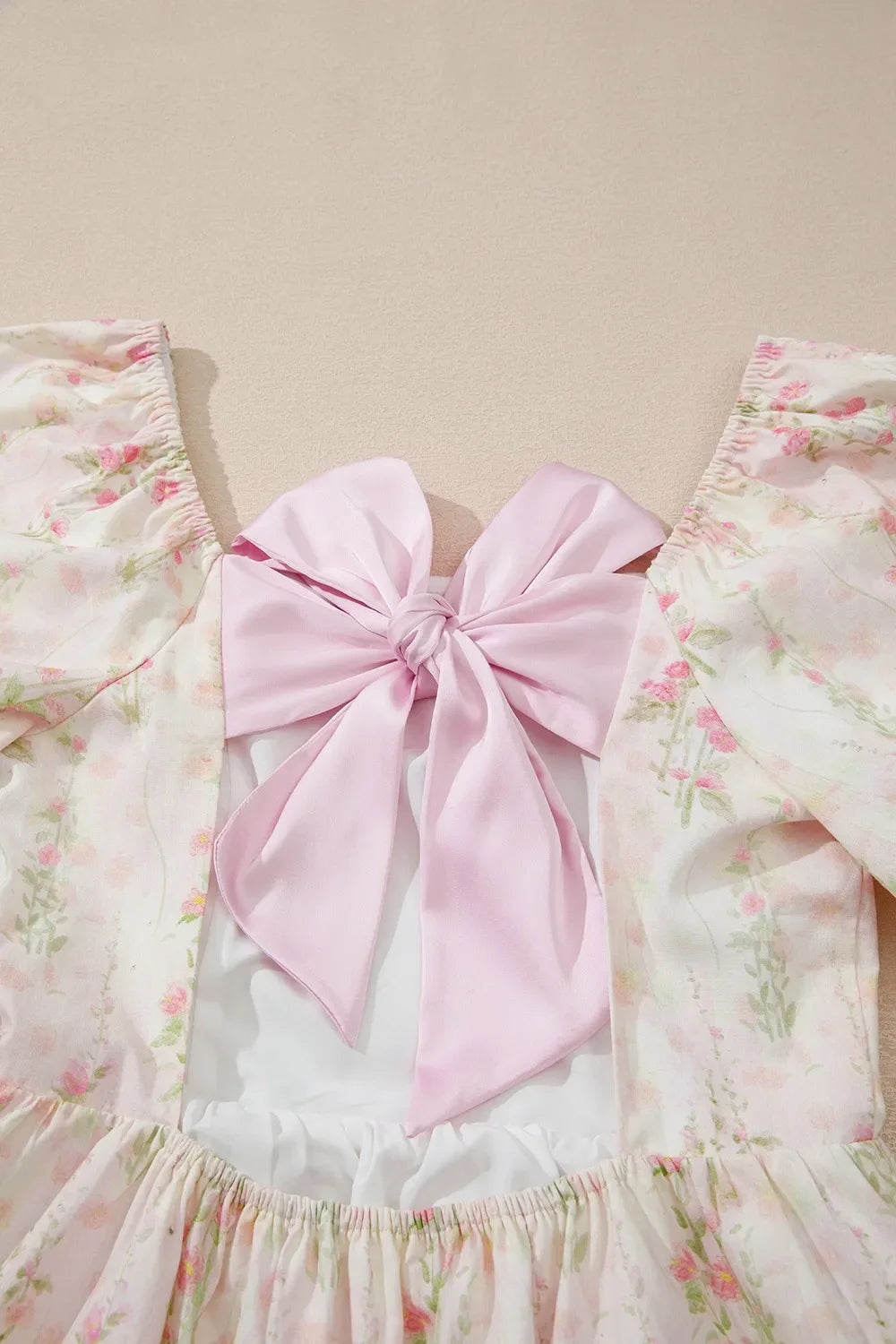 Floral Puff Sleeve Square Neck Knotted Open Back Ruffled Mini Dress