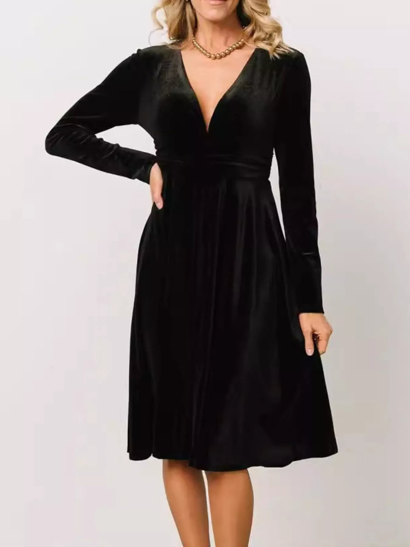Velvet Deep V-Neck Long Sleeve Dress