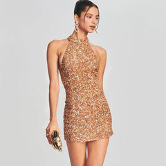 Alyia Halter Sequins Backless Mini Party Dress-Gold