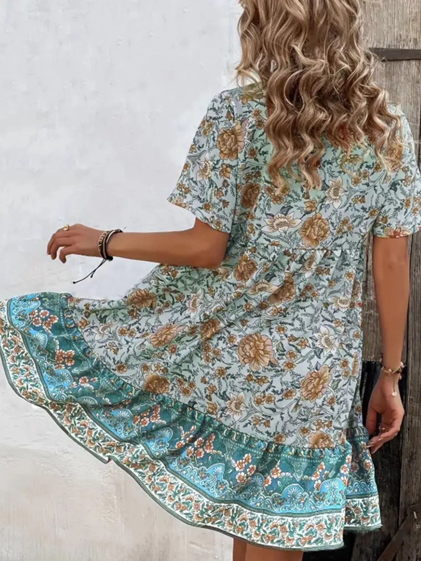 Printed Tie Neck Short Sleeve Mini Dress