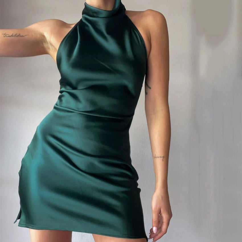 Satin Halter Sleeveless Dress-Green