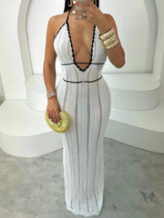 Openwork Halter Neck Maxi Sweater Dress