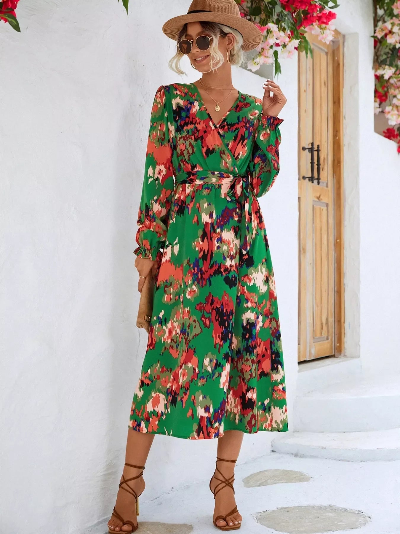 Printed Surplice Long Sleeve Midi Dress
