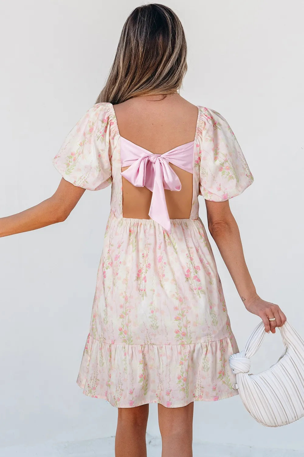 Floral Puff Sleeve Square Neck Knotted Open Back Ruffled Mini Dress
