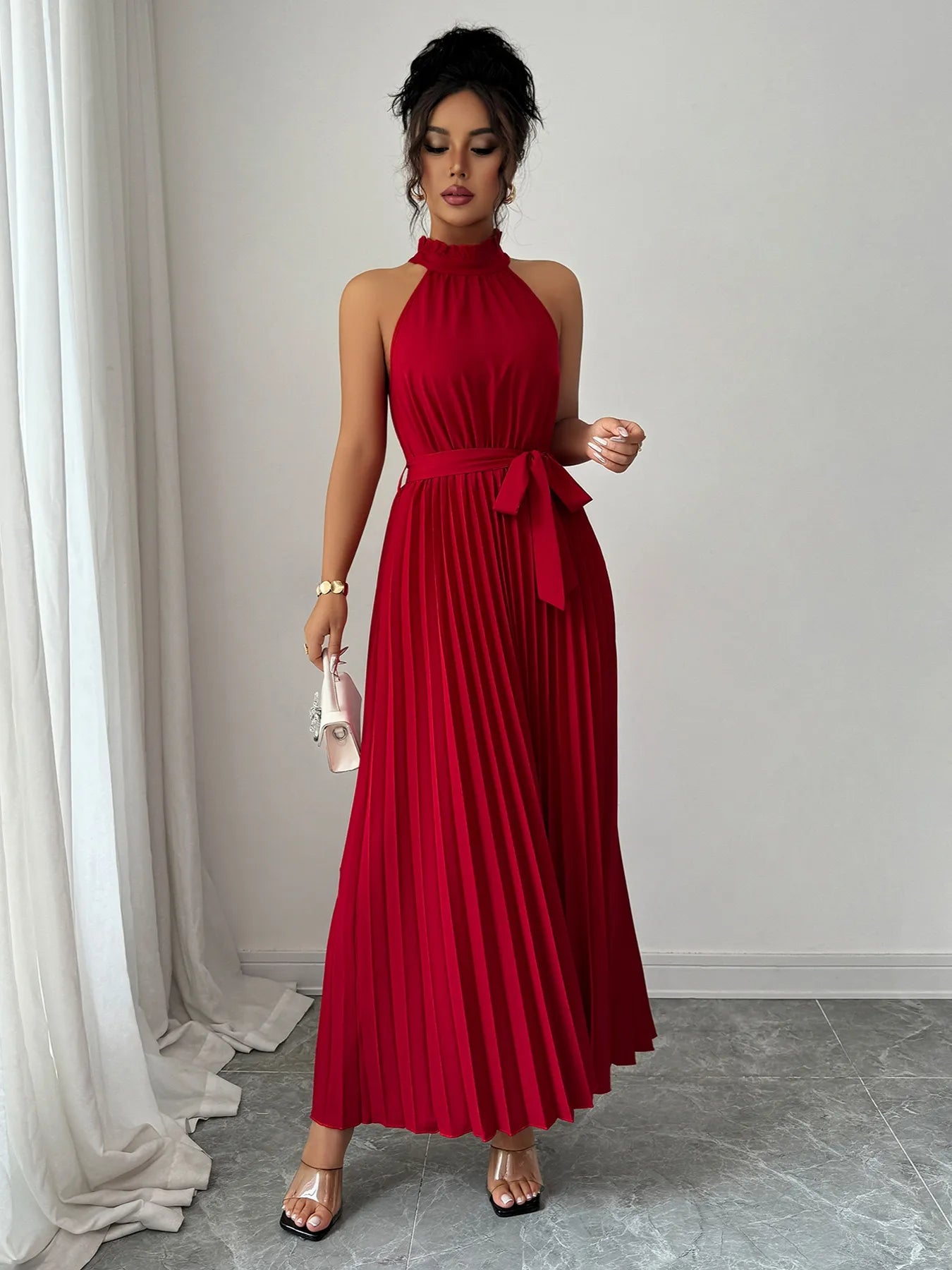 Pleated Halter Neck Tie Waist Maxi Dress