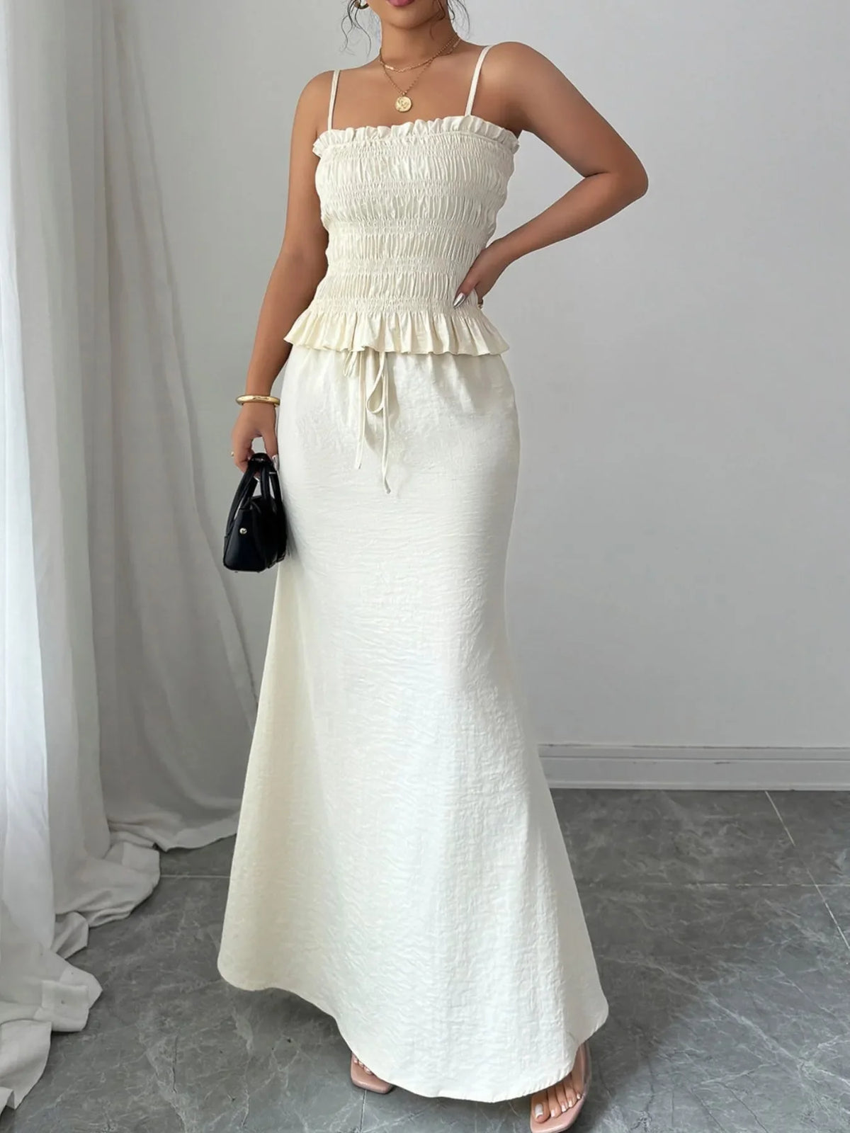 Smocked Ruffled Hem Cami and Maxi Skirt Set