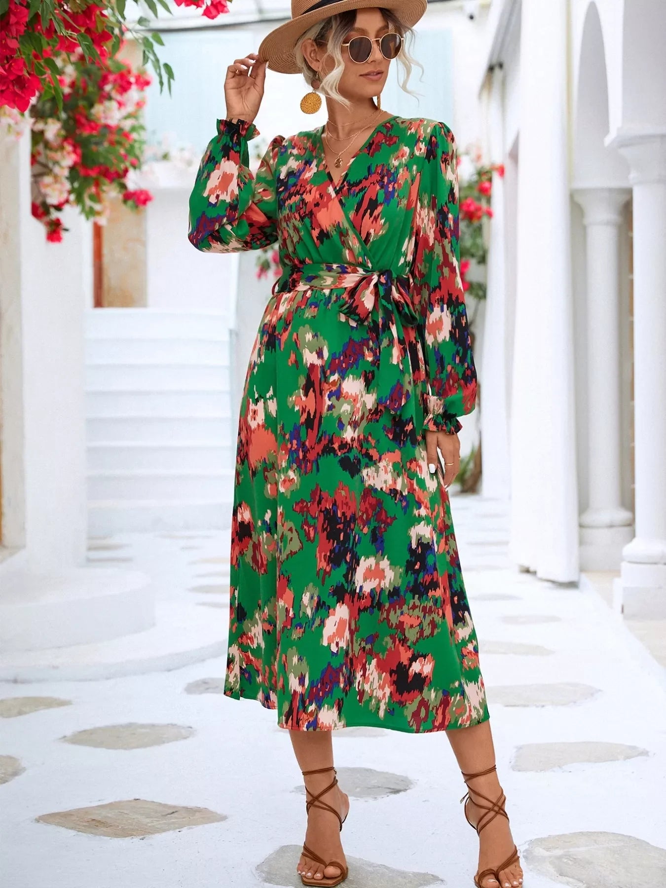 Printed Surplice Long Sleeve Midi Dress