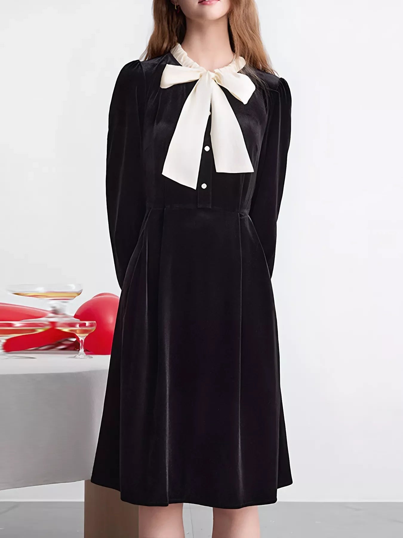 Velvet Bowknot Long Sleeve A-Line Dress