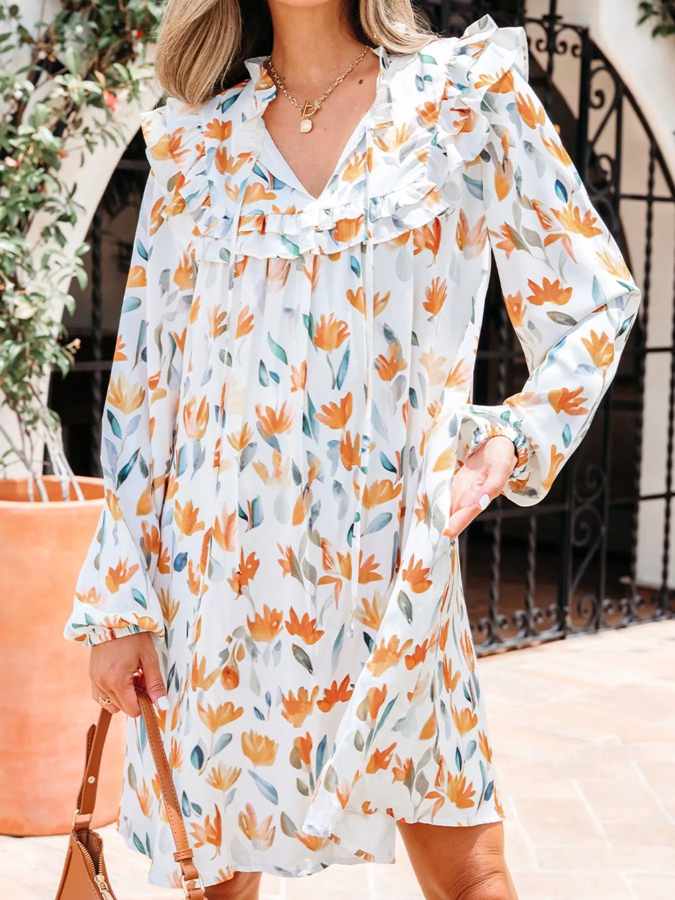 Floral Print Tie Neck Frilled Detail Long Sleeve Mini Dress