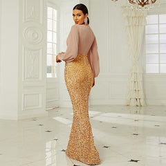 Elegant V-neck Long-sleeved Sequin Dress