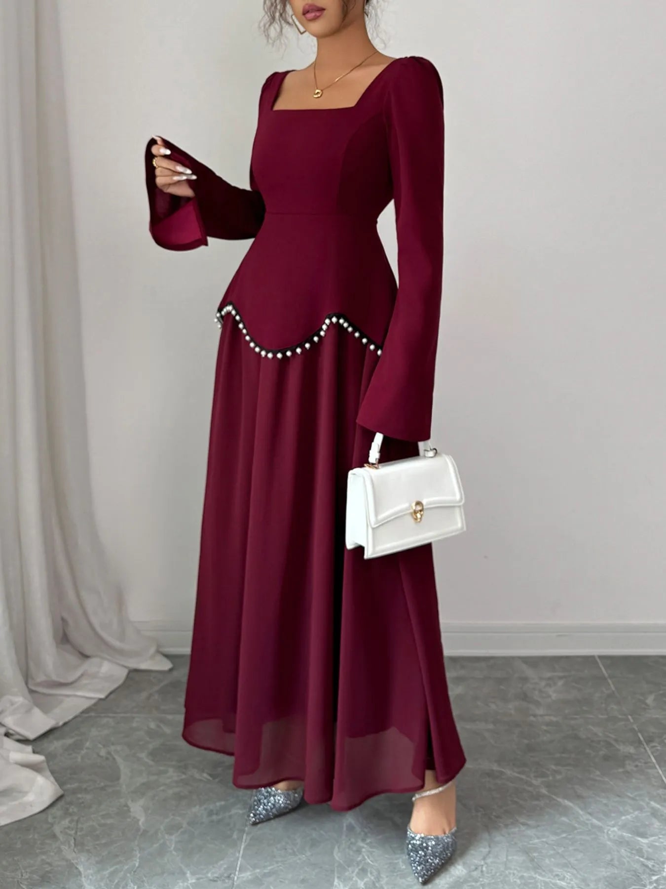 Square Neck Long Sleeve Maxi Dress